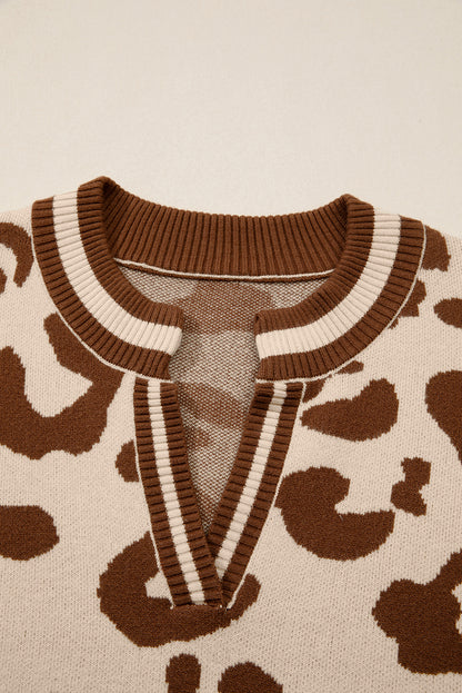 Leopard Print V Neck Sweater Casual Knit Pullover for Women