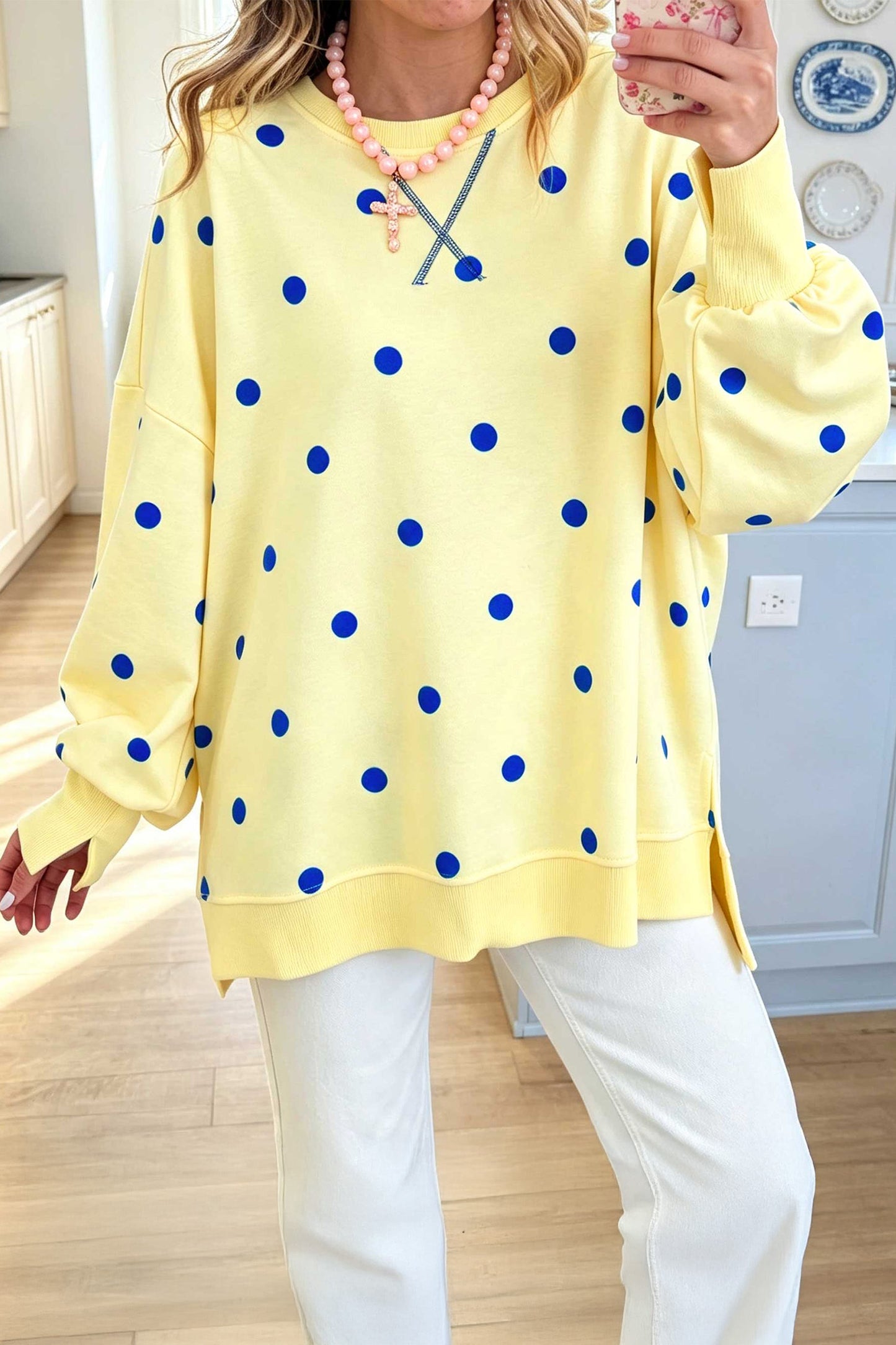 Polka Dot Oversized Long Sleeve Tee Split Hem