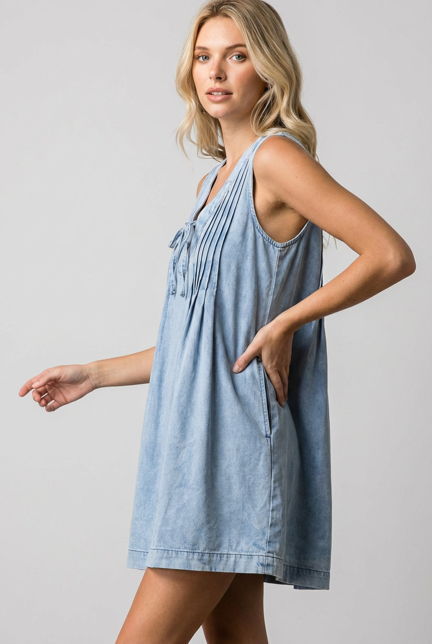 Washed Denim Tie Front V Neck Mini Dress with Pockets