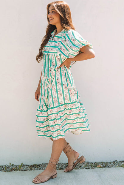 Women Striped Floral Print Puff Sleeve Midi Dress