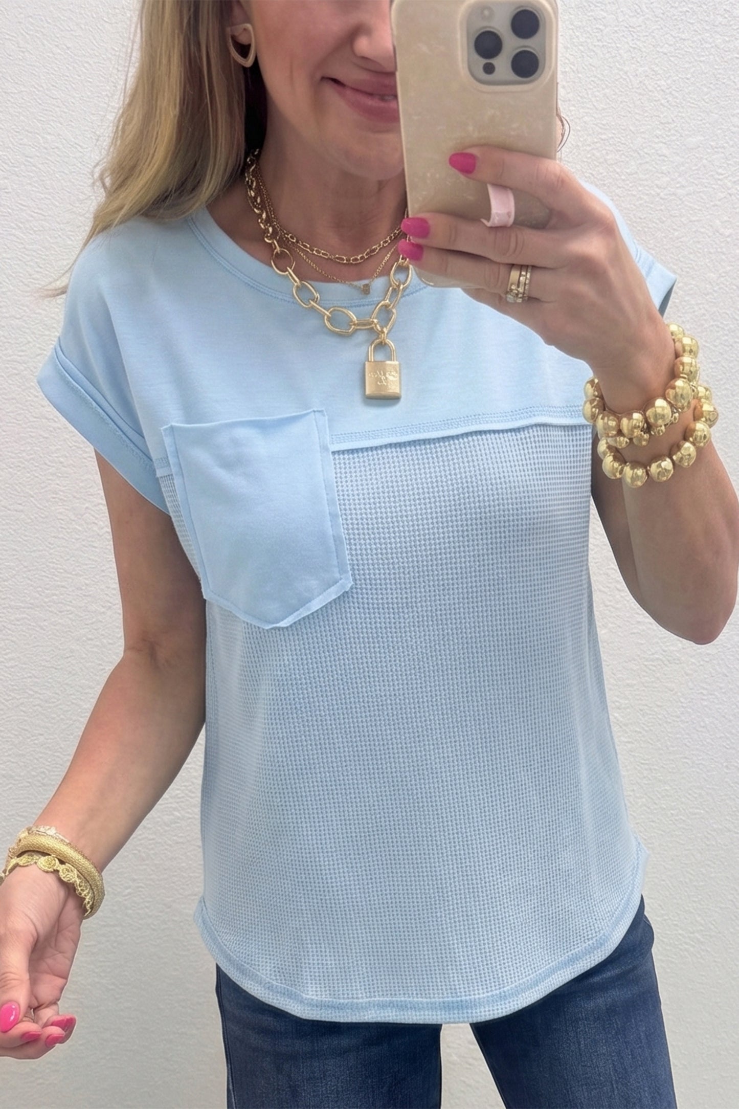 Waffle Knit Patchwork Pocket Loose Fit Casual T Shirt