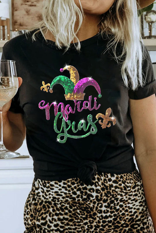 Black Glitter Mardi Gras Jester Hat Graphic Tee