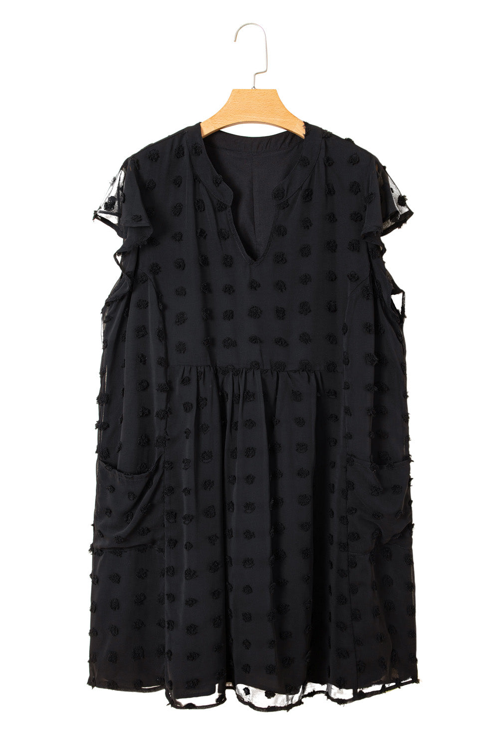 Navy Blue Dotty Textured Notched Neck Plus Ruffled Dress