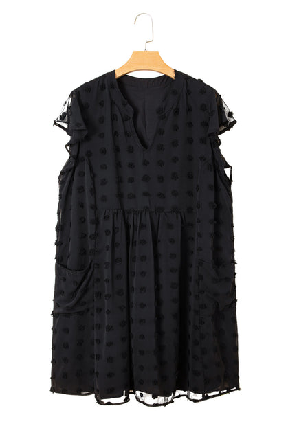 Navy Blue Dotty Textured Notched Neck Plus Ruffled Dress