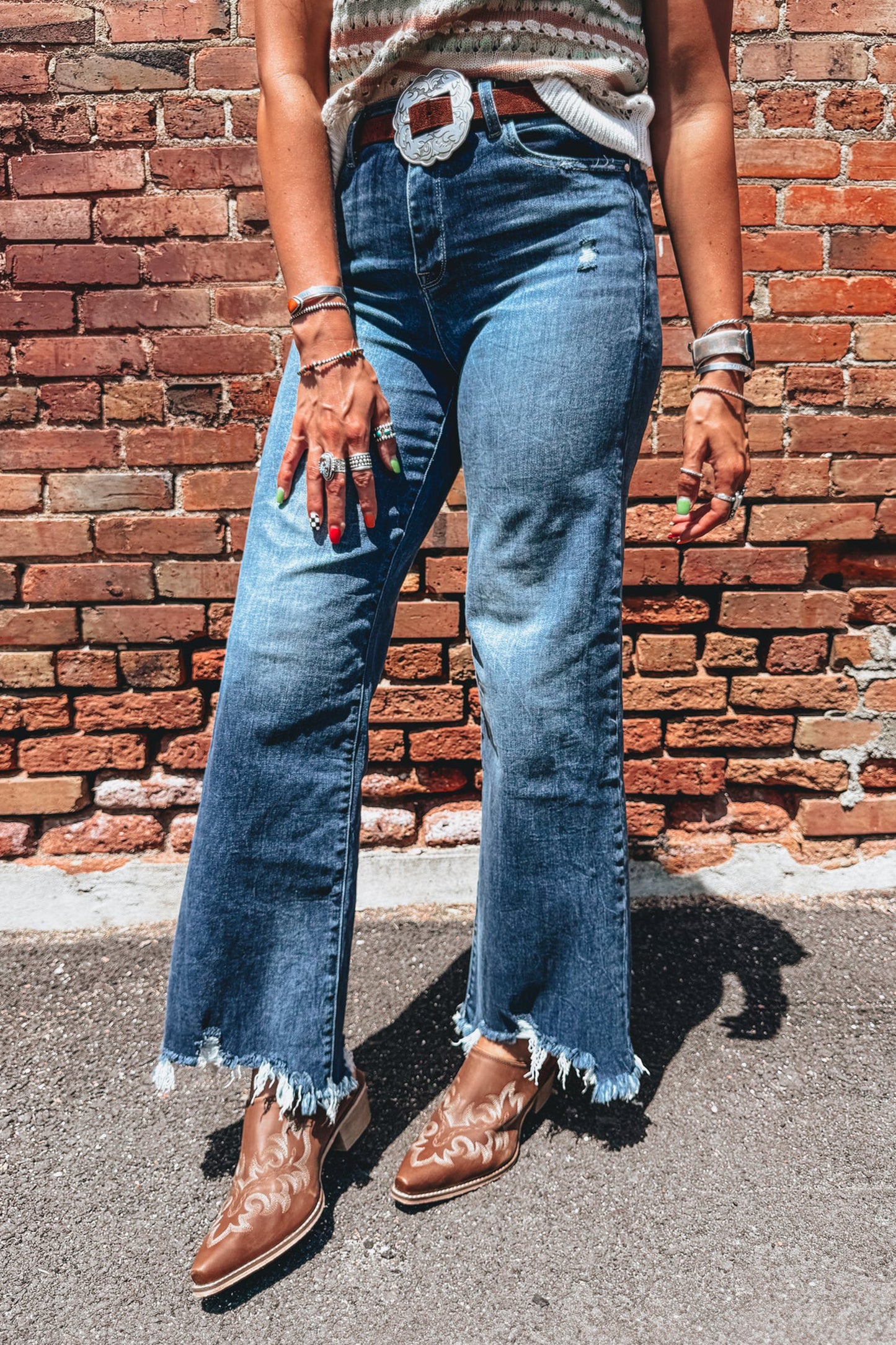 High Waist Flare Jeans Frayed Hem Western Denim Women