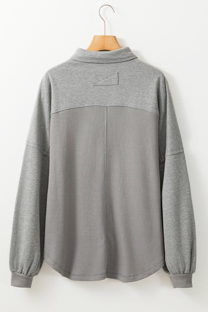 Black Waffle Knit Button Down Shacket Oversized Long Sleeve Top
