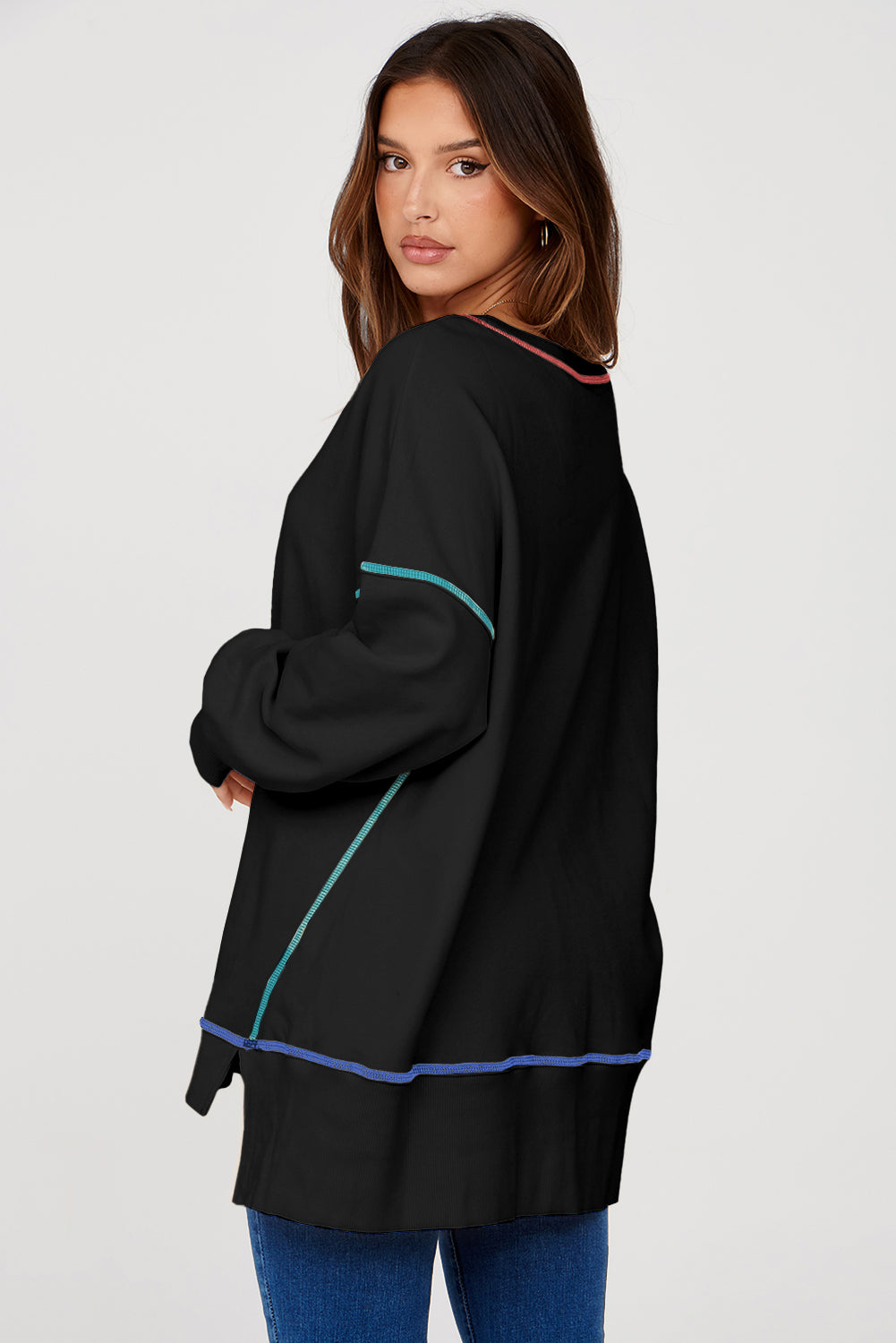 Contrast Stitching Split Baggy Sweatshirt