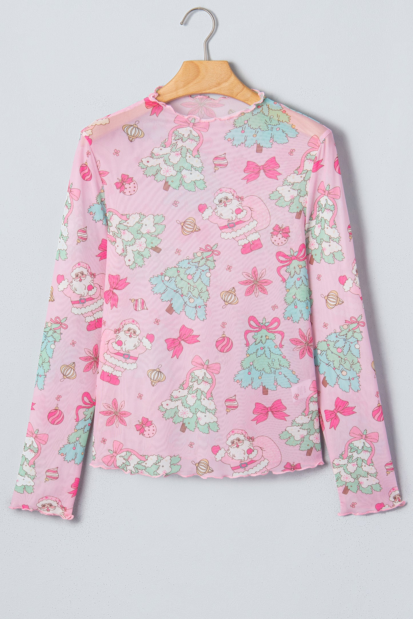 Pink Christmas Print Mock Neck Mesh Long Sleeve Top