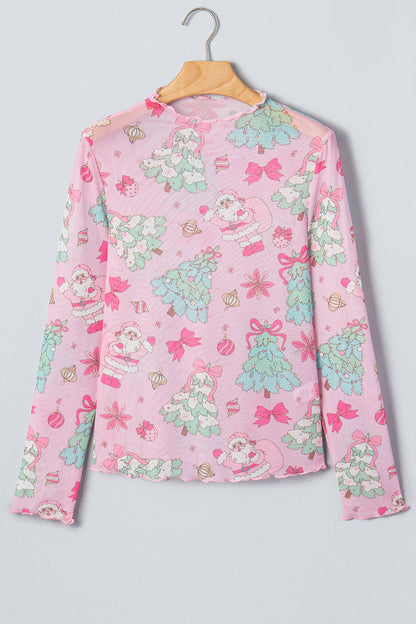 Pink Christmas Print Mock Neck Mesh Long Sleeve Top