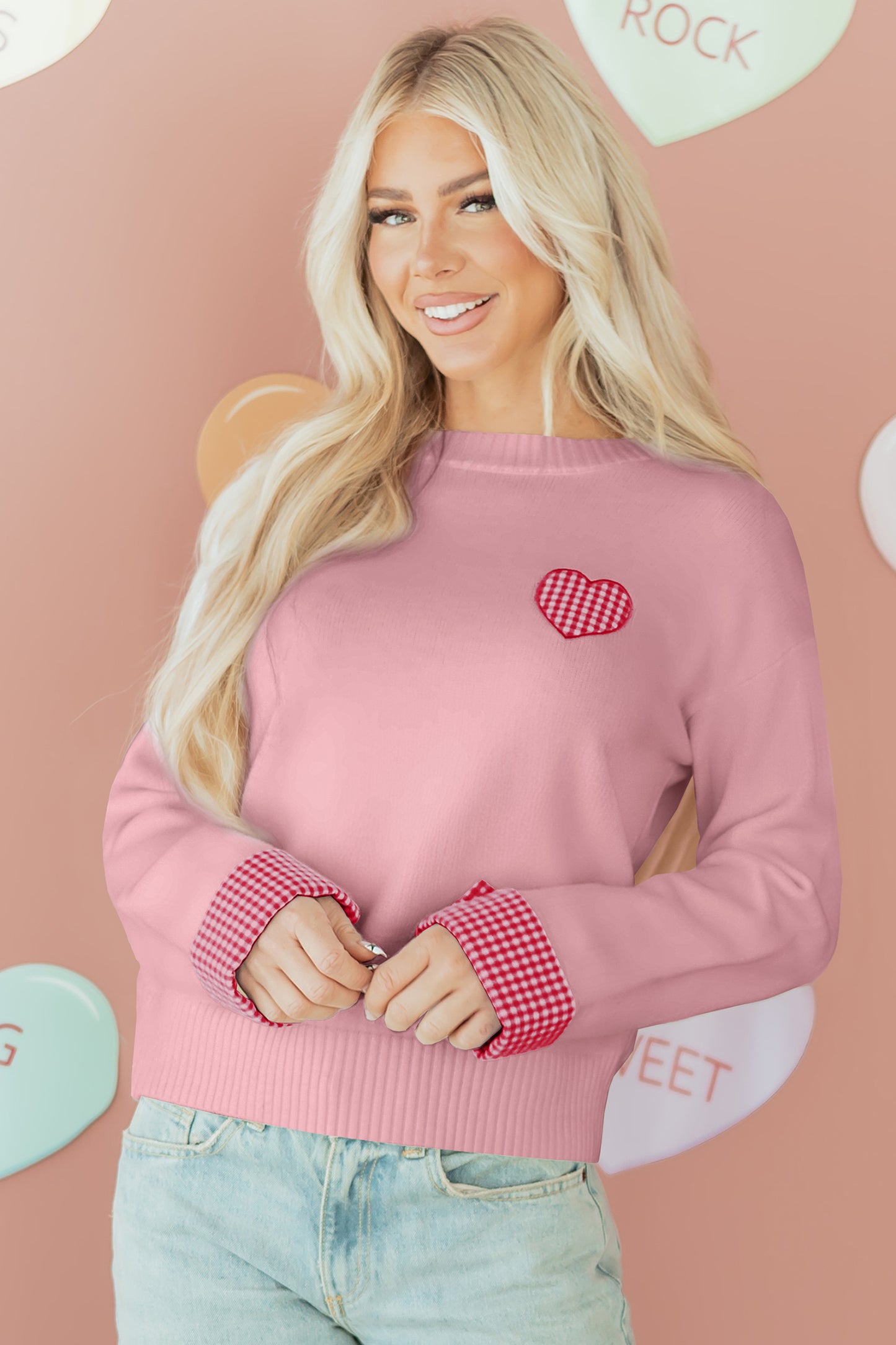 Valentine’s Day Light Pink Plaid Heart Crewneck Sweater