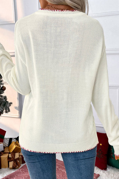 White Christmas Bow Contrast Trim Loose Knit Sweater