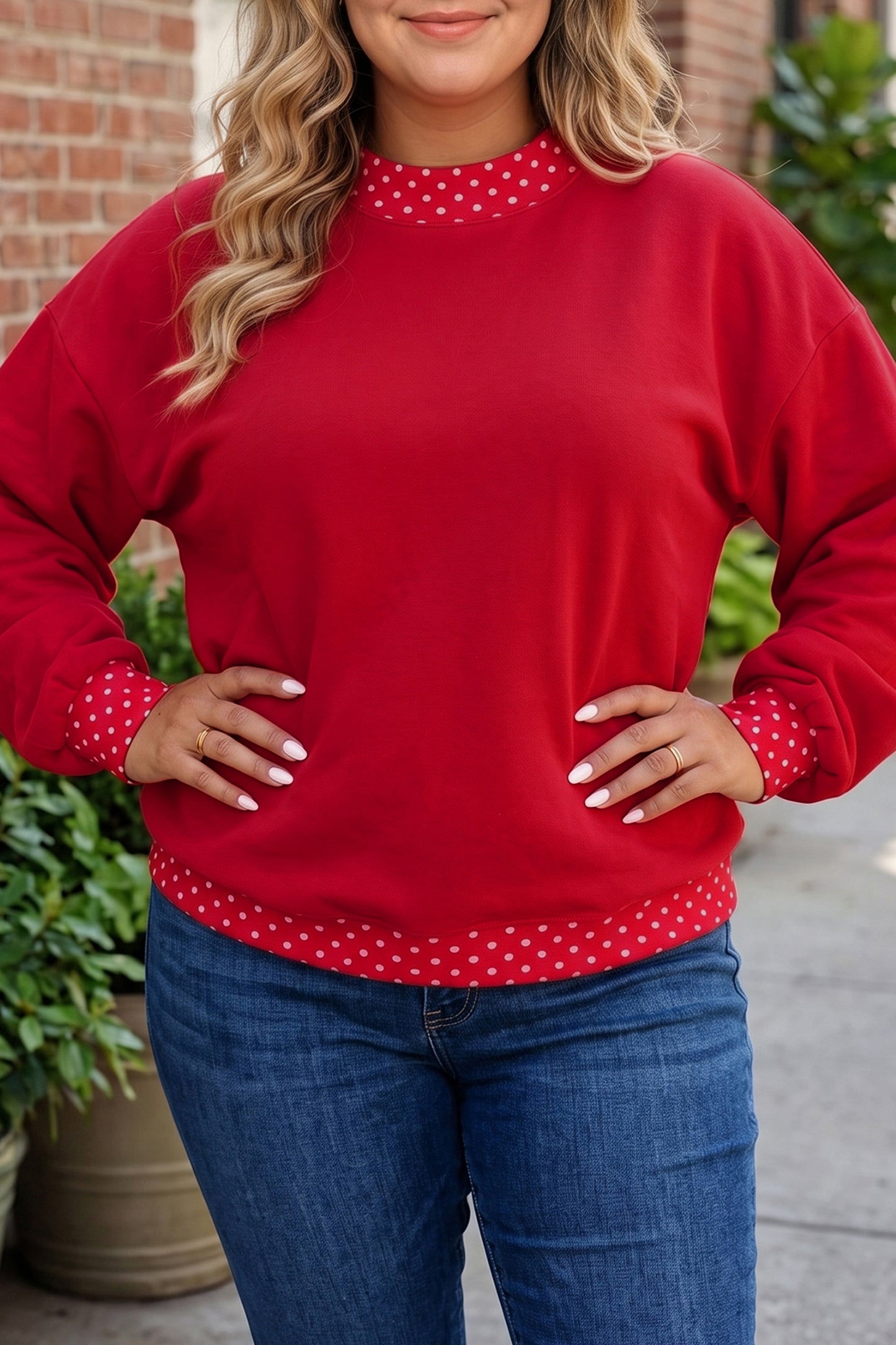Polka Dot Trim Plus Size Crew Neck Tunic Sweatshirt
