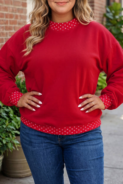 Polka Dot Trim Plus Size Crew Neck Tunic Sweatshirt