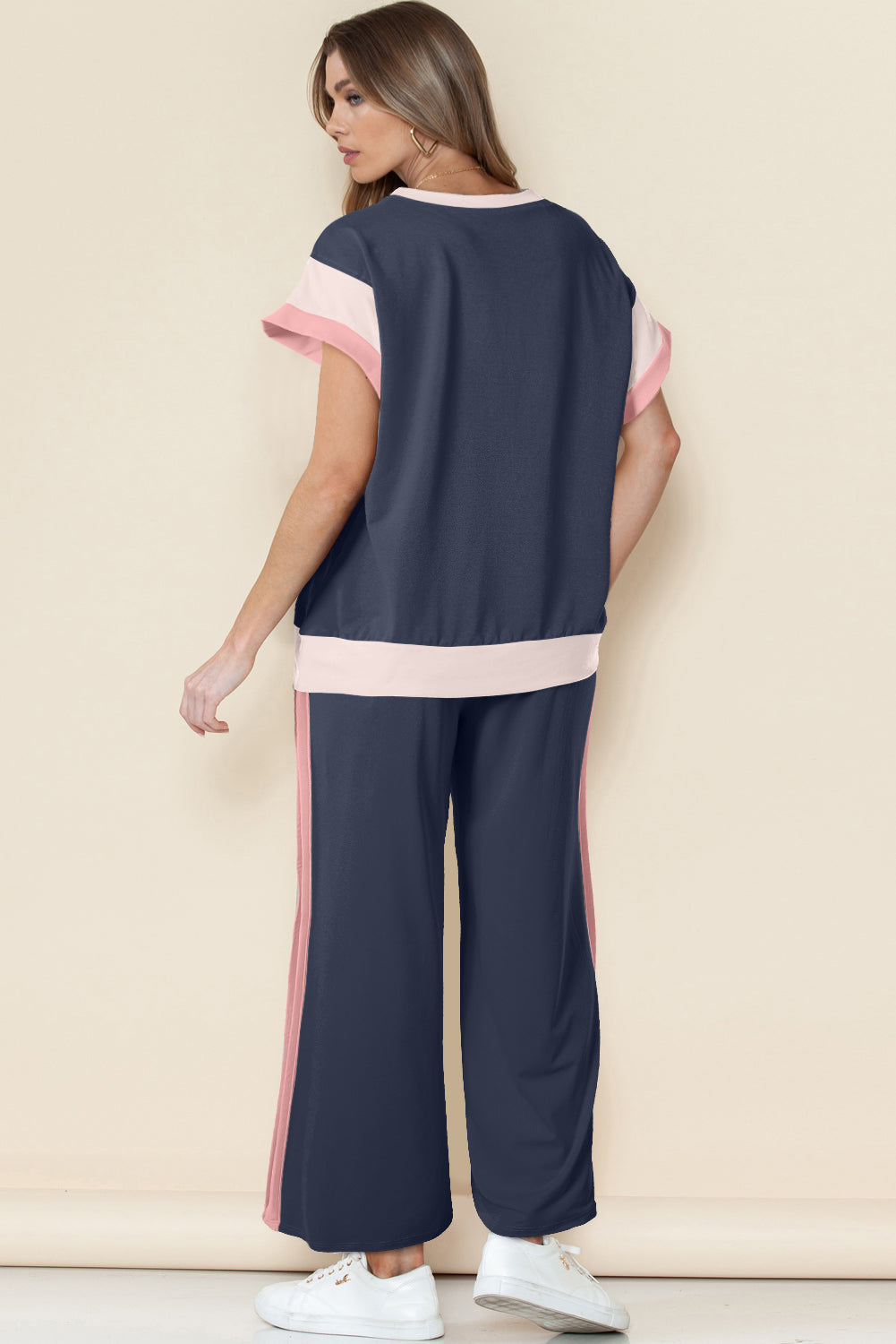 Navy Color Block Lounge Set Wide Leg Pants 2 Piece