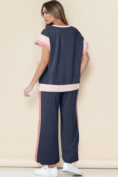 Navy Color Block Lounge Set Wide Leg Pants 2 Piece