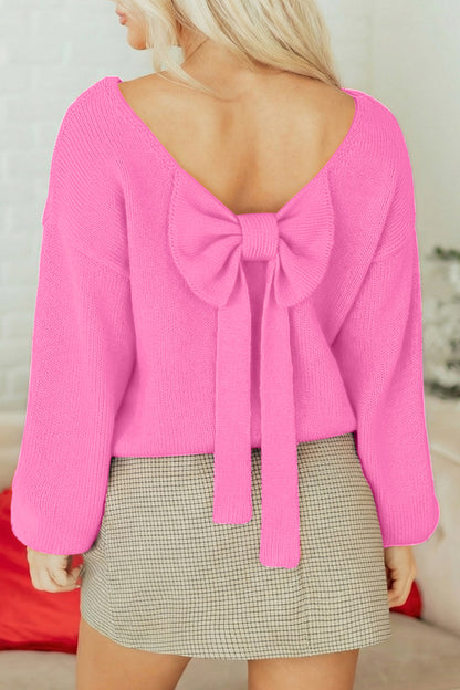 Valentine’s Day Red Bow Backless Bubble Sleeve Sweater