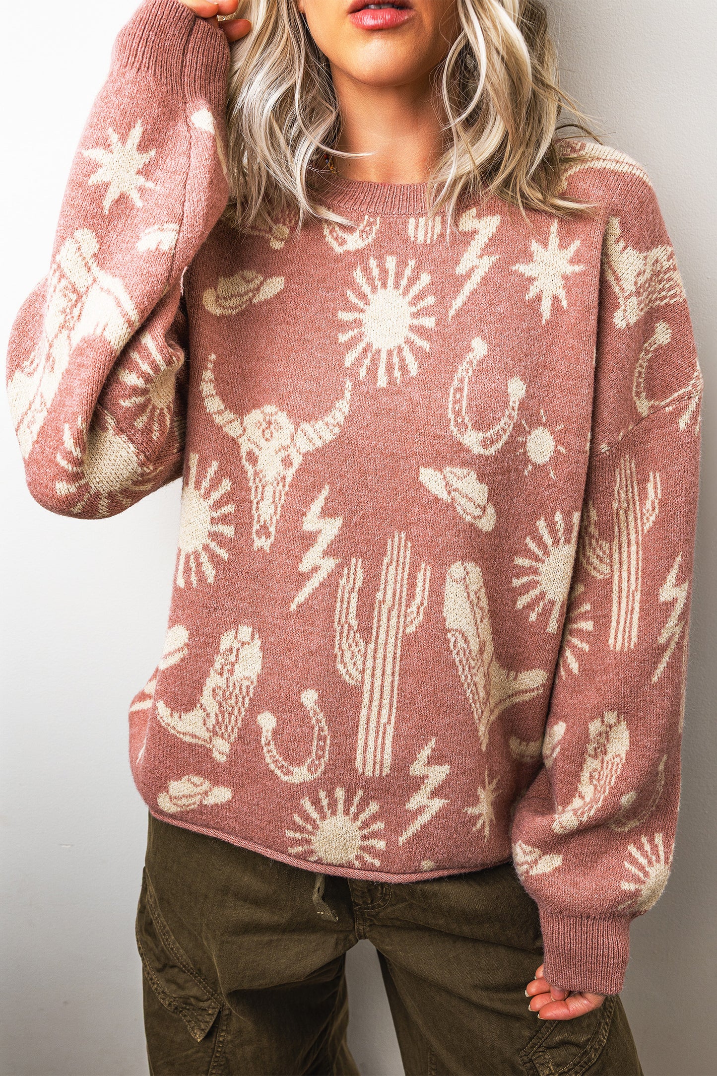 Western Celestial Print Oversized Crew Neck Sweater