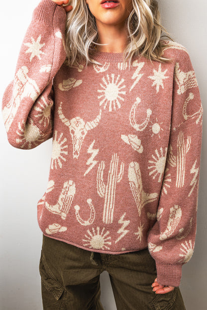 Western Celestial Print Oversized Crew Neck Sweater