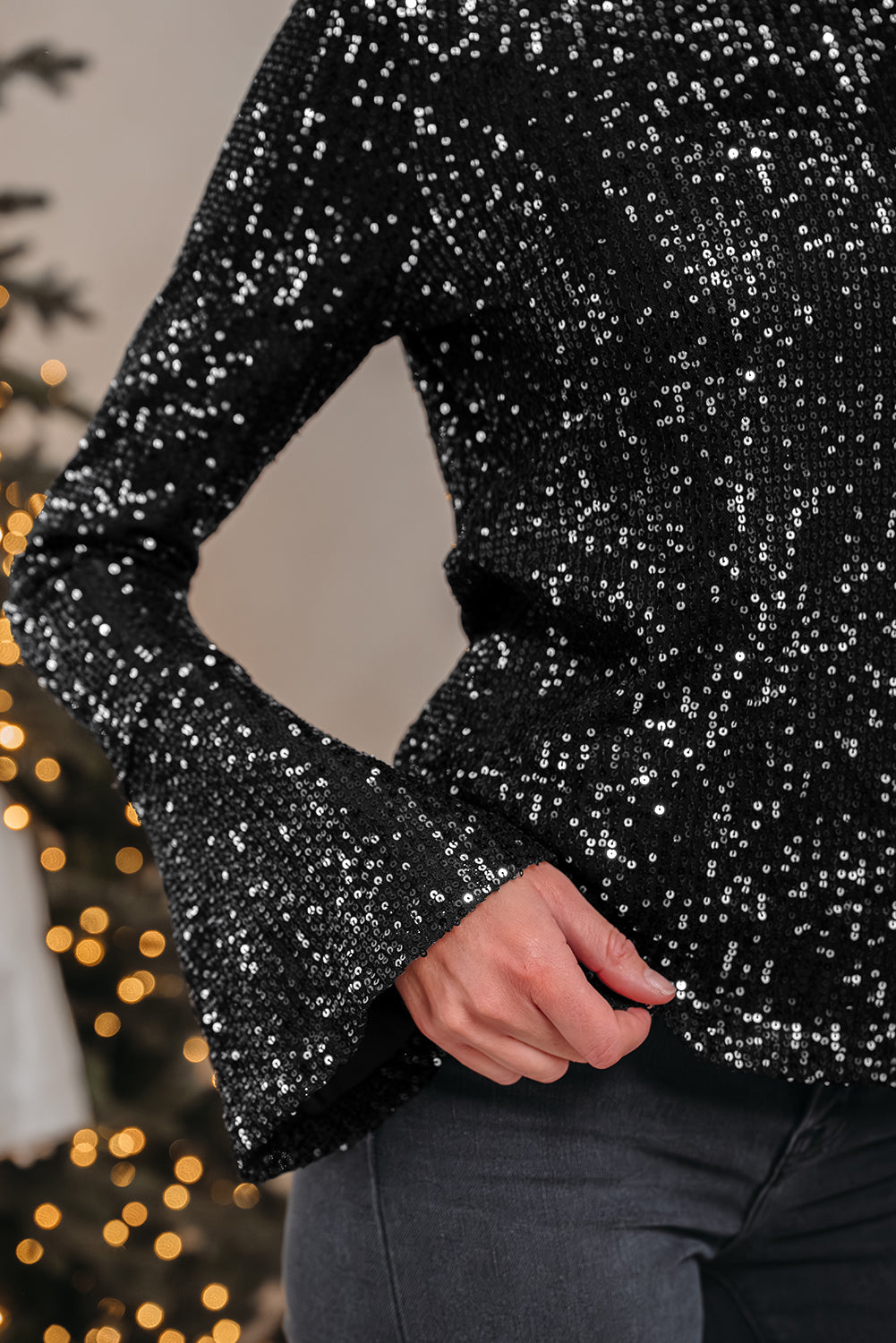 Sparkly Black Sequin Mock Neck Open Back Bell Sleeve Top