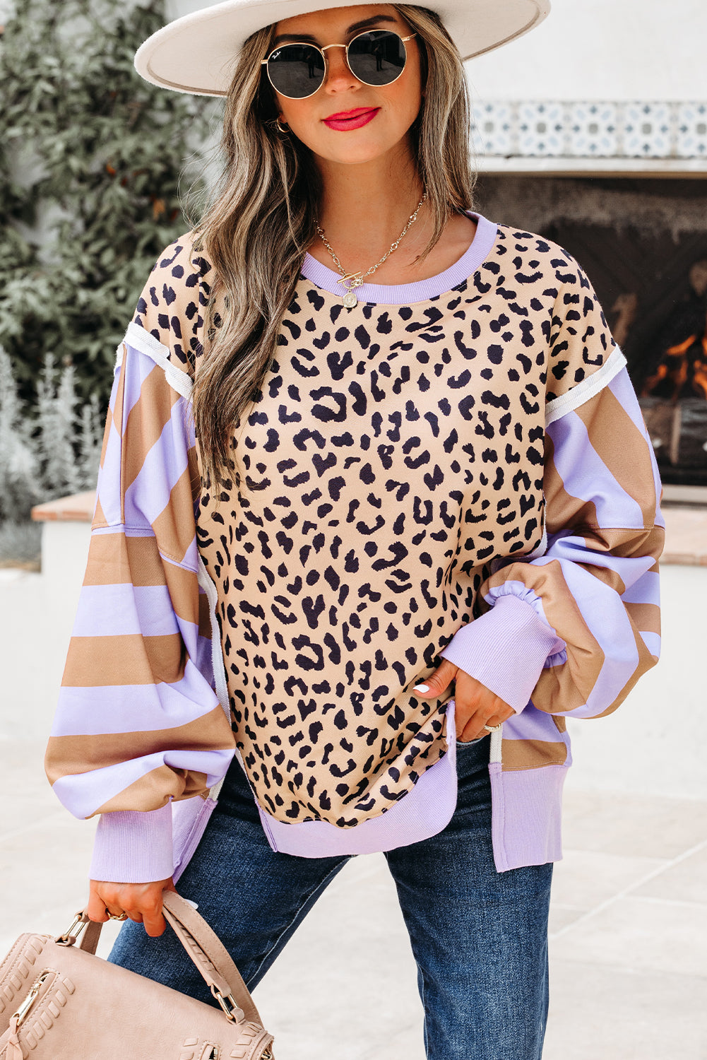 Khaki Stripe Colorblock Leopard Oversized Sweatshirt