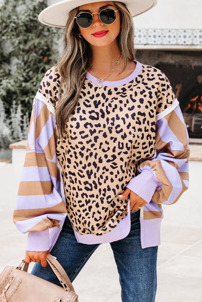 Khaki Stripe Colorblock Leopard Oversized Sweatshirt