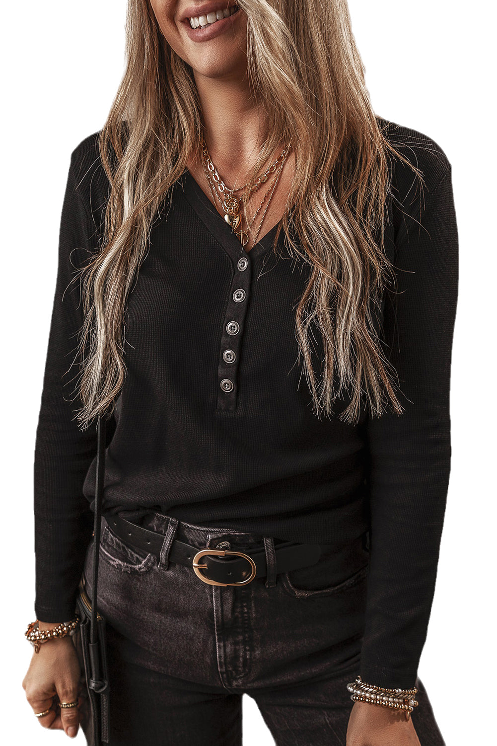 Black Ribbed Waffle Knit Henley Long Sleeve Top