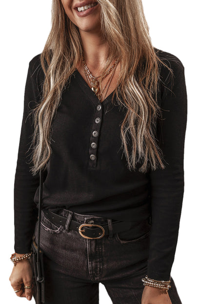 Black Ribbed Waffle Knit Henley Long Sleeve Top