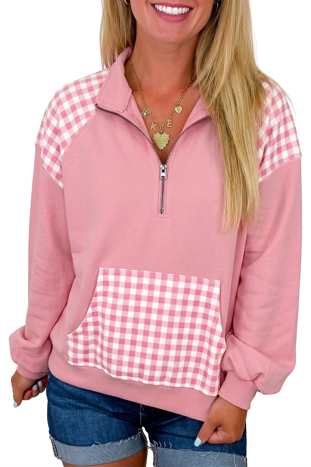 Racing Red Patchwork Plaid Pocket Quarter Zip Sweatshirt
