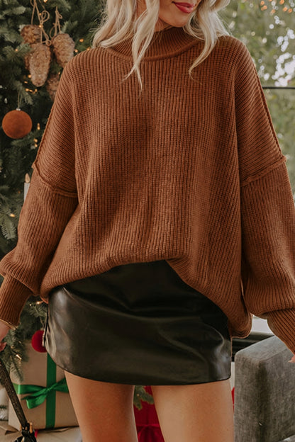 Orchid Purple Mock Neck Ribbed Knit Oversized Sweater Top