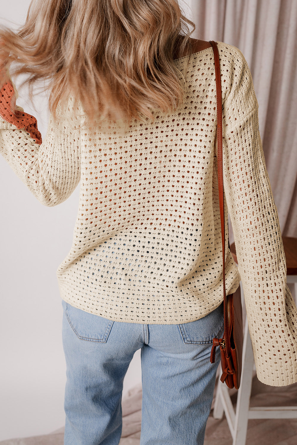 Apricot Pointelle Knit Colorblock Baggy Sweater