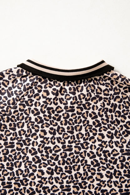 Women’s Leopard Print Half Zip Stripe Trim Top