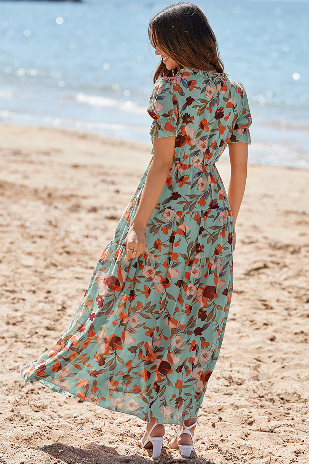 Sky Blue Floral V Neck Ruffle Short Sleeve Maxi Dress