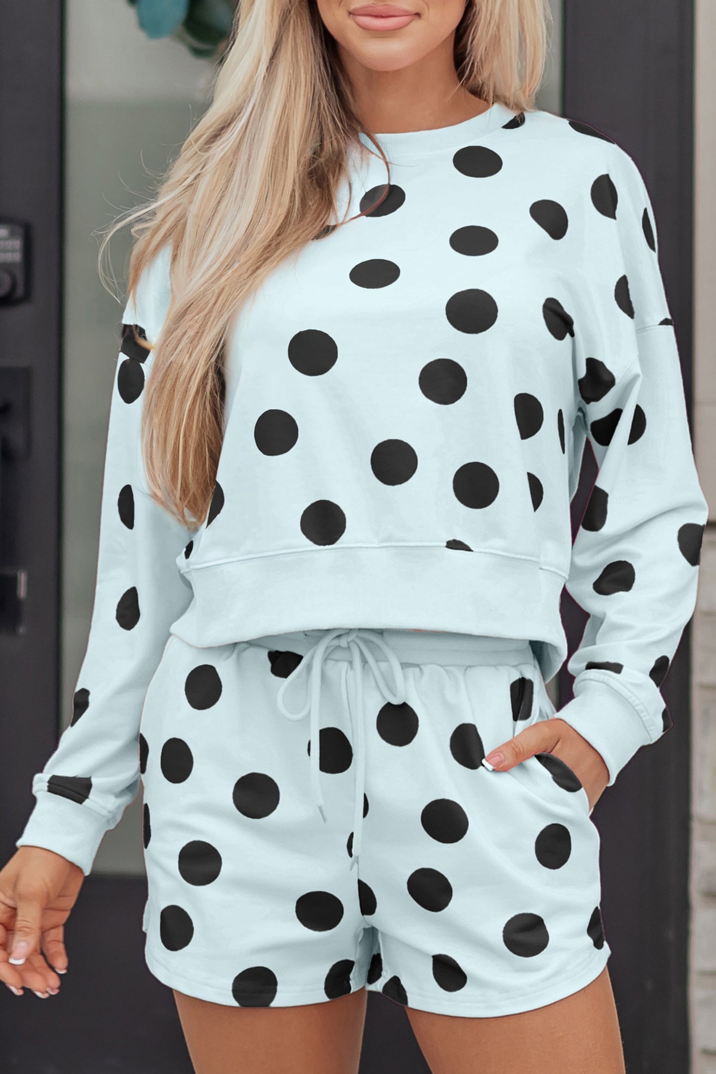 Pink Polka Dot Drop Shoulder Pullover Shorts Set