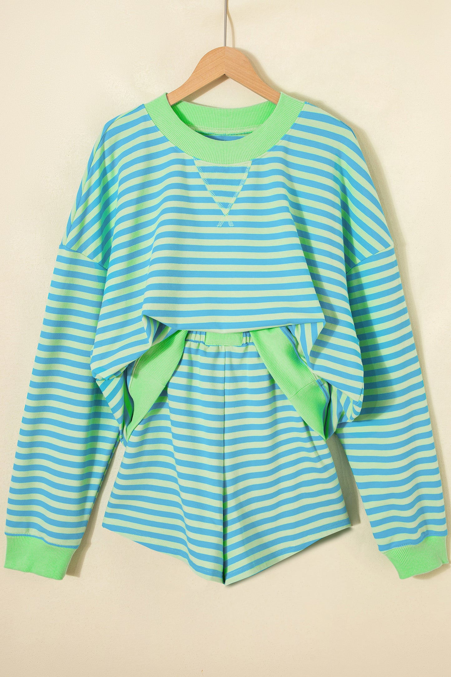Striped Long Sleeve Pullover and Shorts Lounge Set