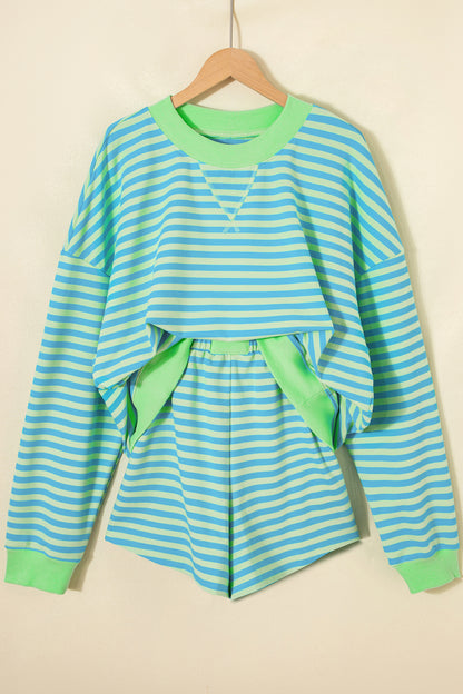 Striped Long Sleeve Pullover and Shorts Lounge Set