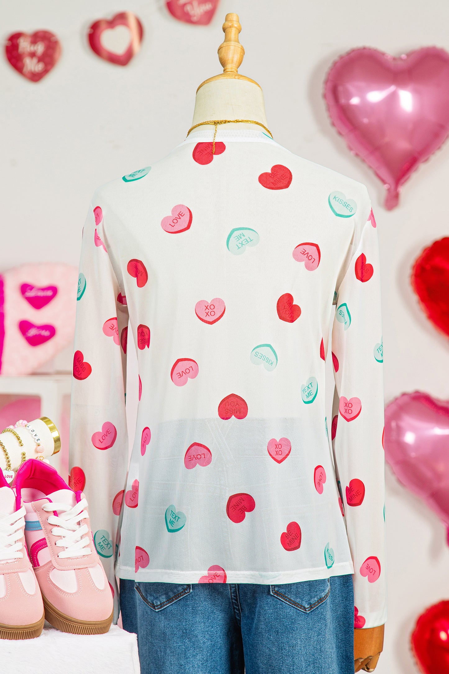White Sheer Mesh Slogan Heart Printed Long Sleeve Top