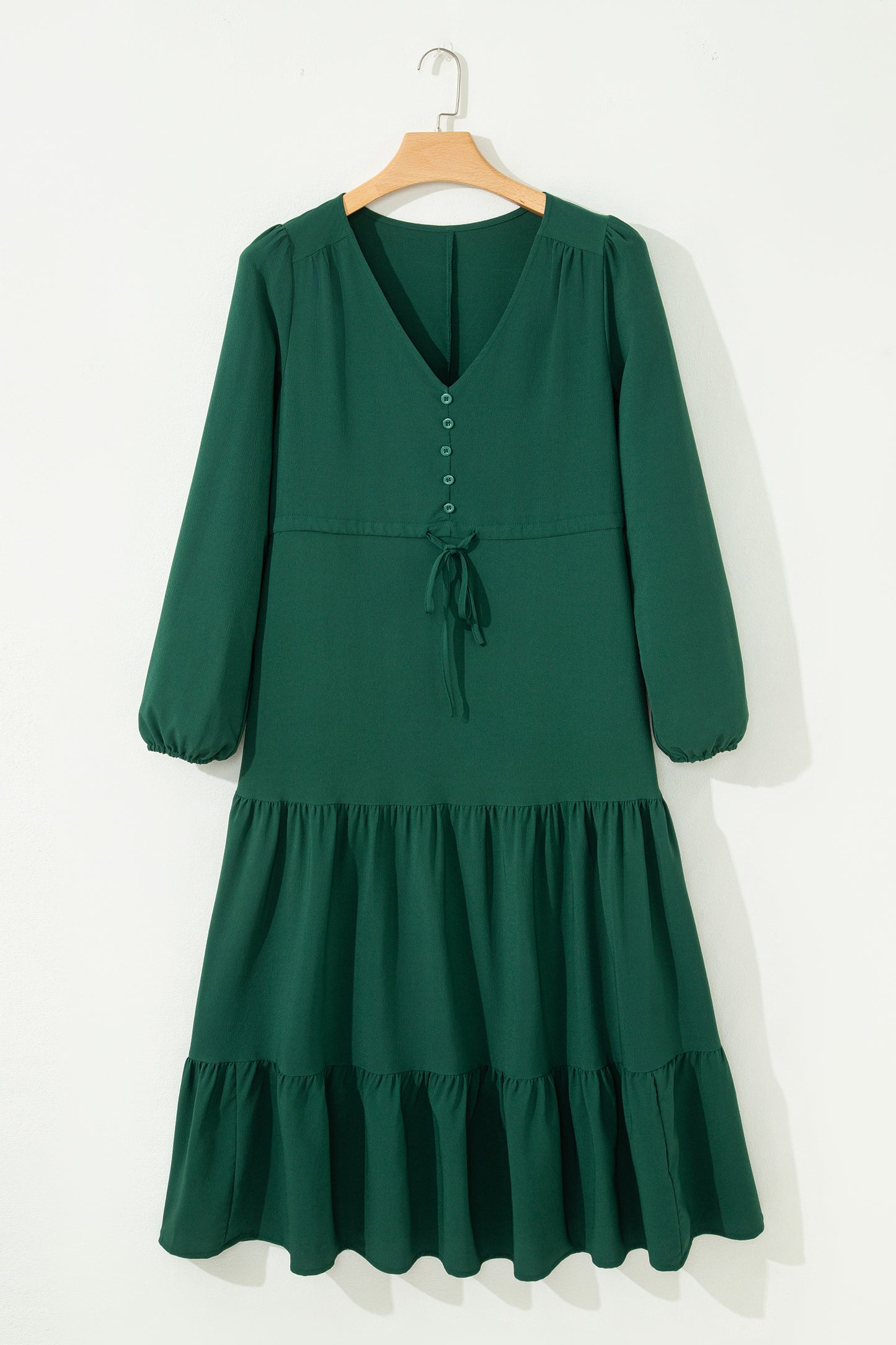 Chestnut Solid Long Sleeve Button V Neck Tiered Maxi Dress