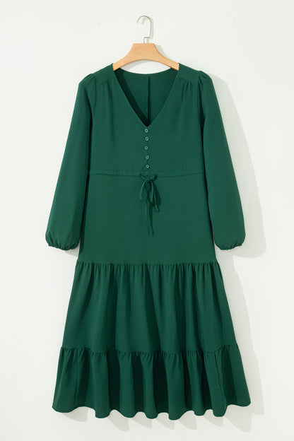 Chestnut Solid Long Sleeve Button V Neck Tiered Maxi Dress
