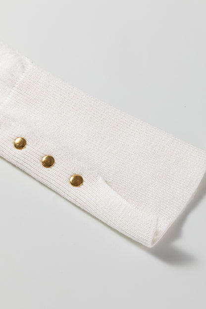 White Slim Fit Knit Sweater with Button Split Cuffs