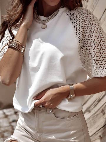 White Crochet Sleeve Crew Neck Summer Knit Tee Women