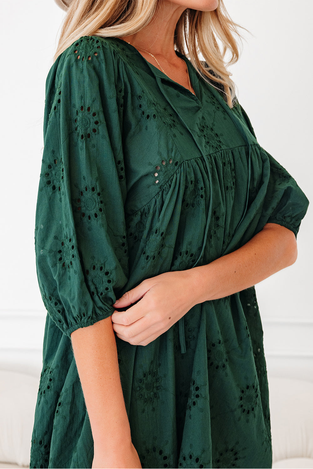 Green Eyelet Embroidered Puff Sleeve Babydoll Mini Dress
