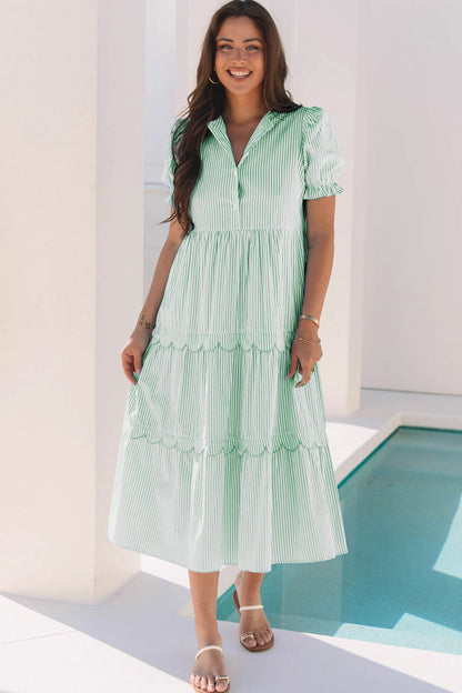 Solid Tiered Maxi Dress Puff Sleeve V Neck Casual