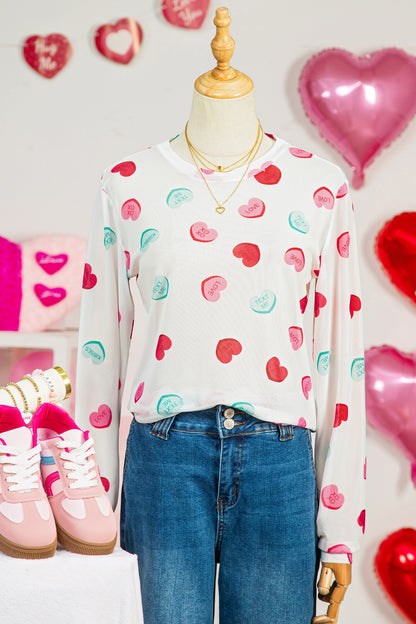 White Sheer Mesh Slogan Heart Printed Long Sleeve Top