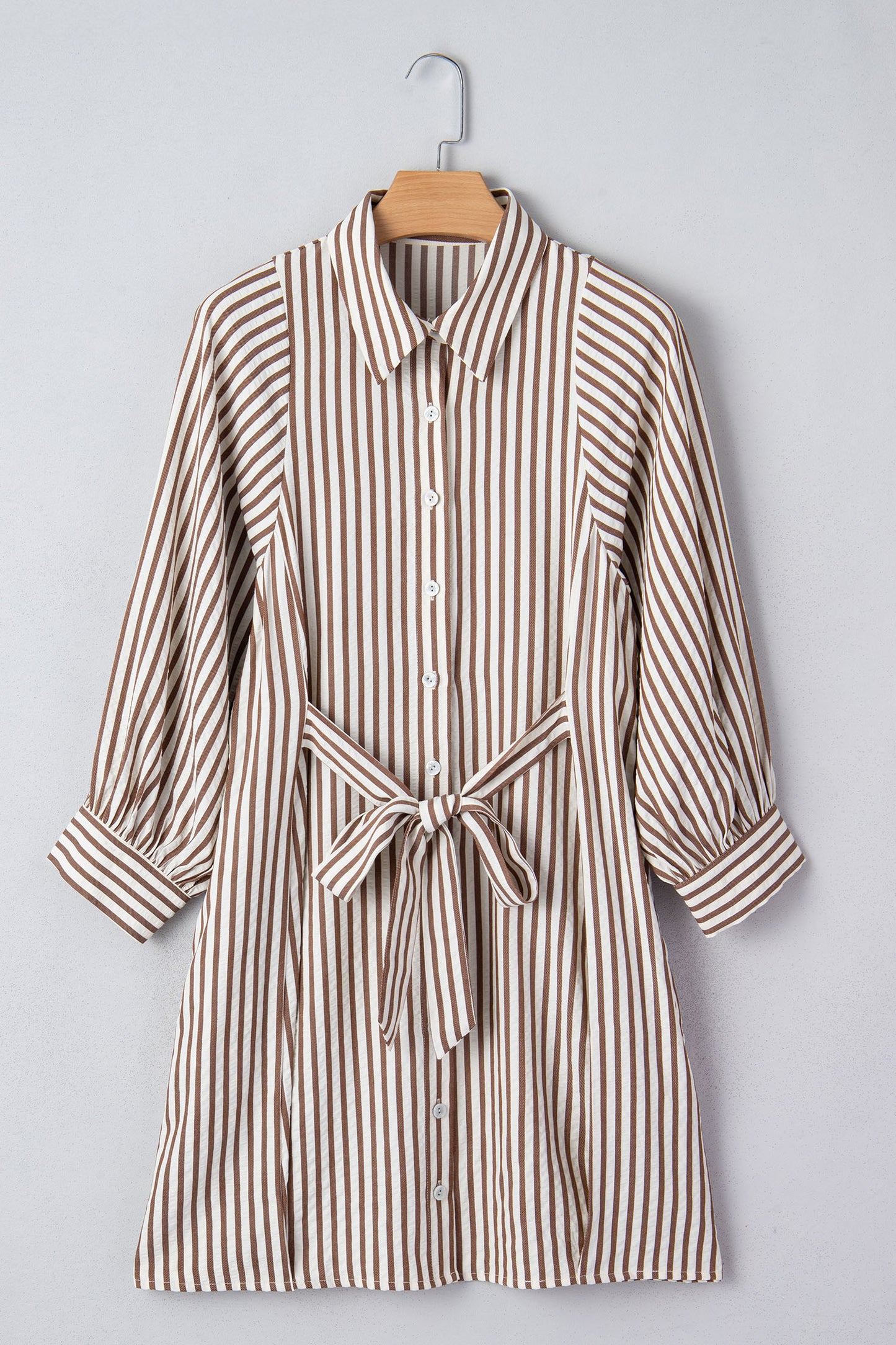 Brown Stripe Knot Waist Puff Sleeve Button Down Shirt Dress
