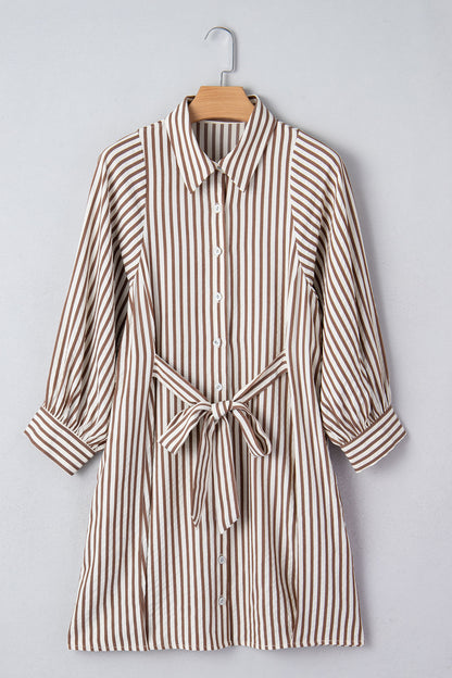 Brown Stripe Knot Waist Puff Sleeve Button Down Shirt Dress