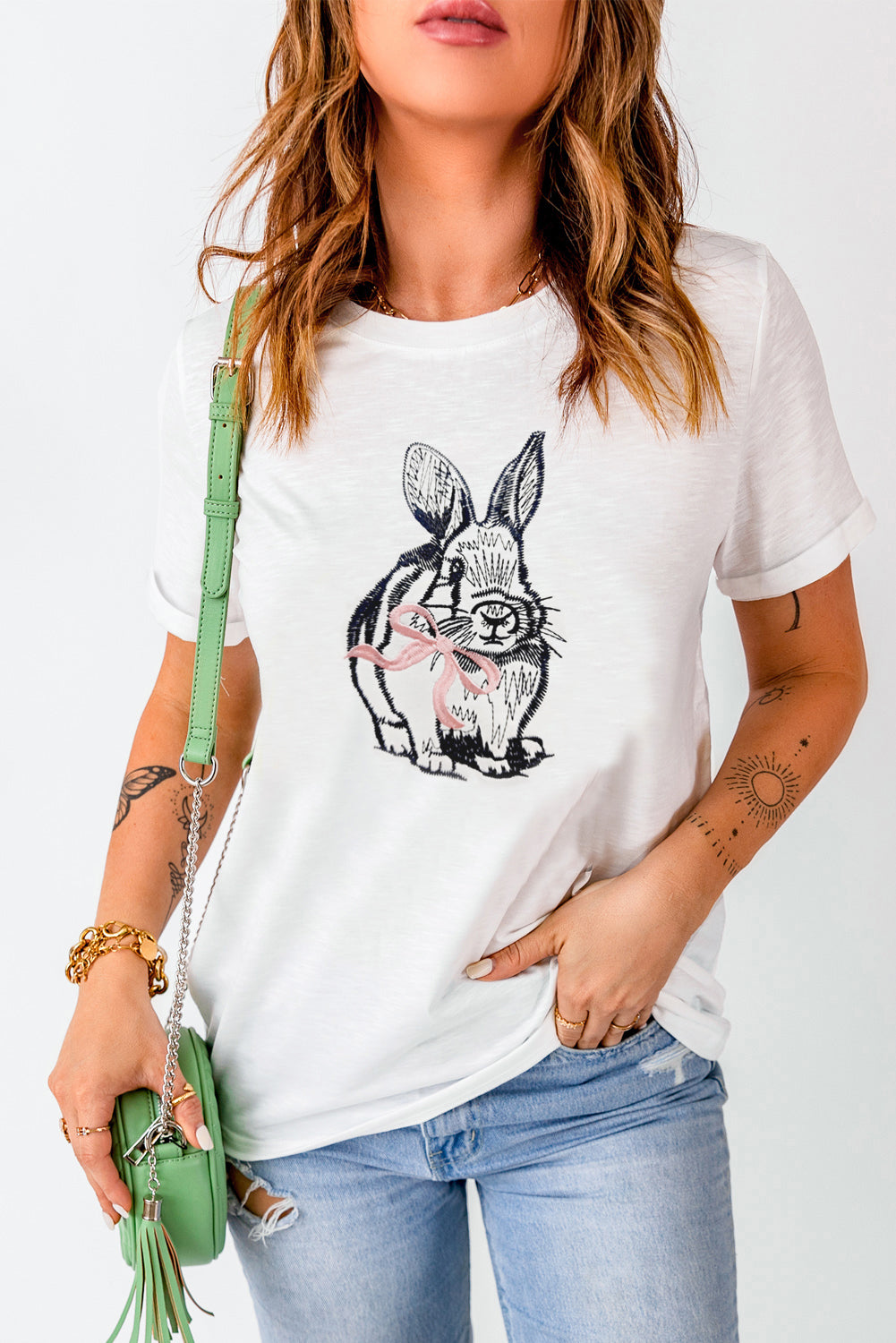 Easter Bunny Bow Embroidered White Casual Graphic Tee