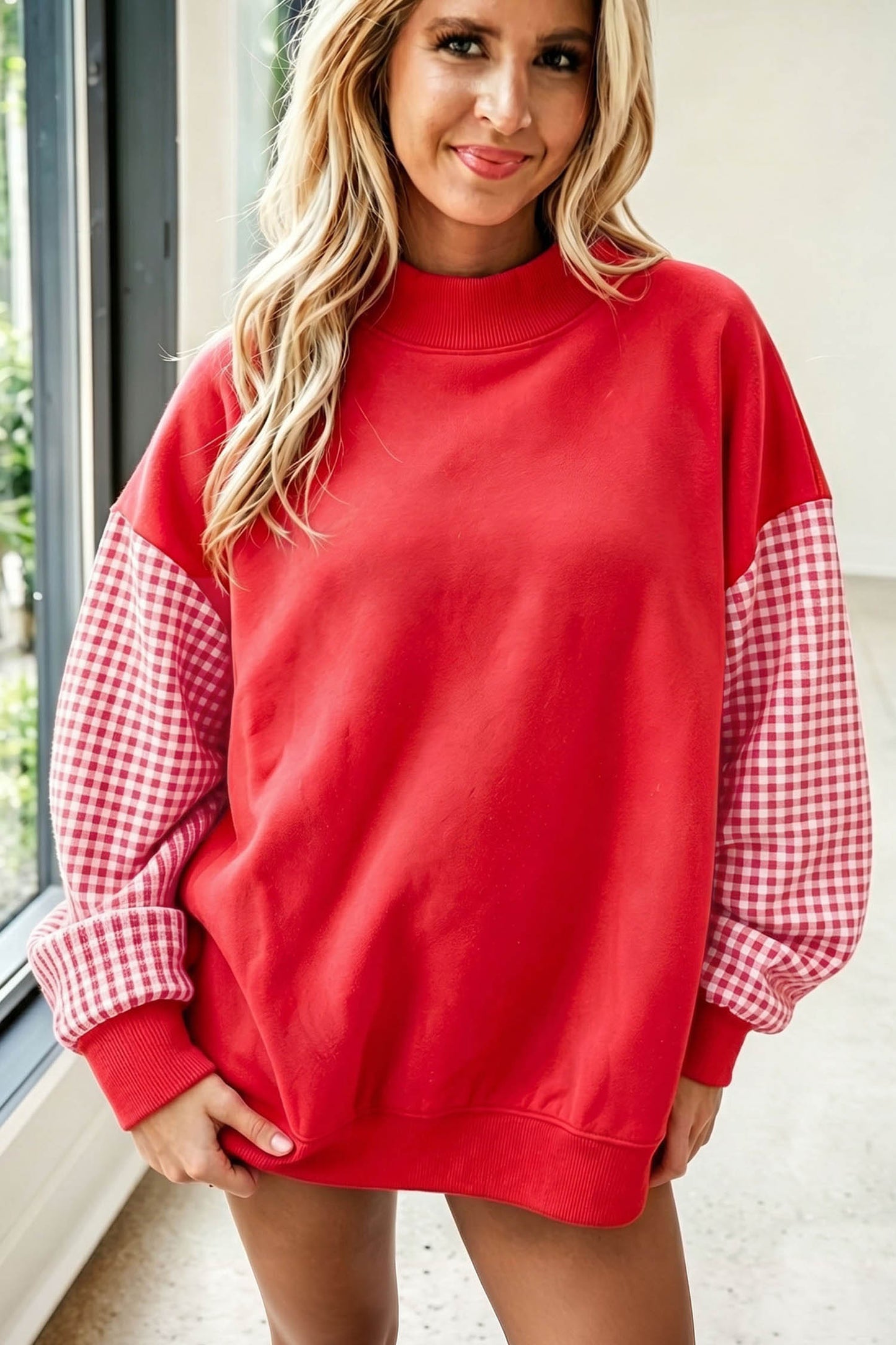 Evergreen Plaid Sleeve Colorblock Loose Tunic Sweatshirt