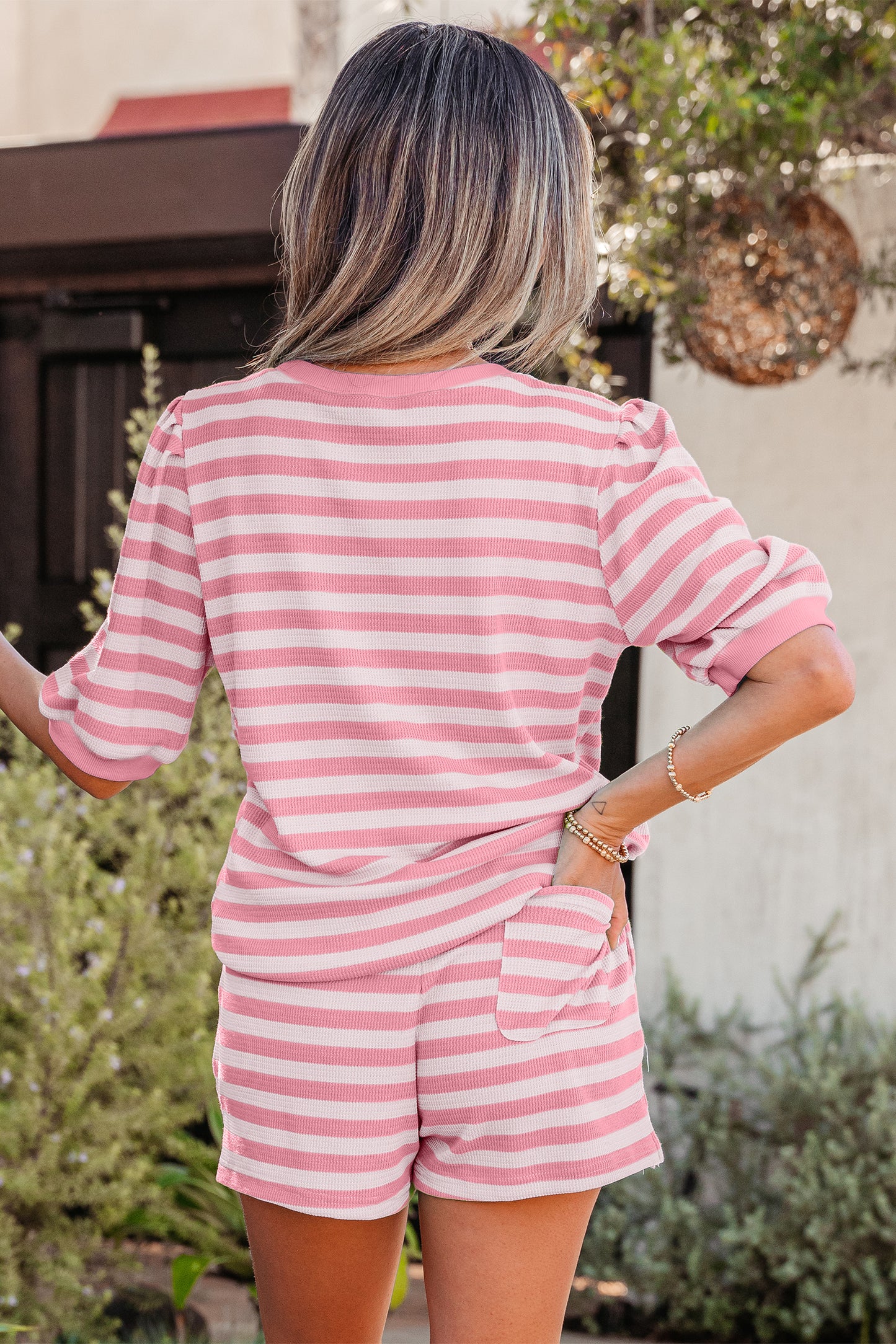 Green Stripe Puff Sleeve Lounge Set Drawstring Shorts