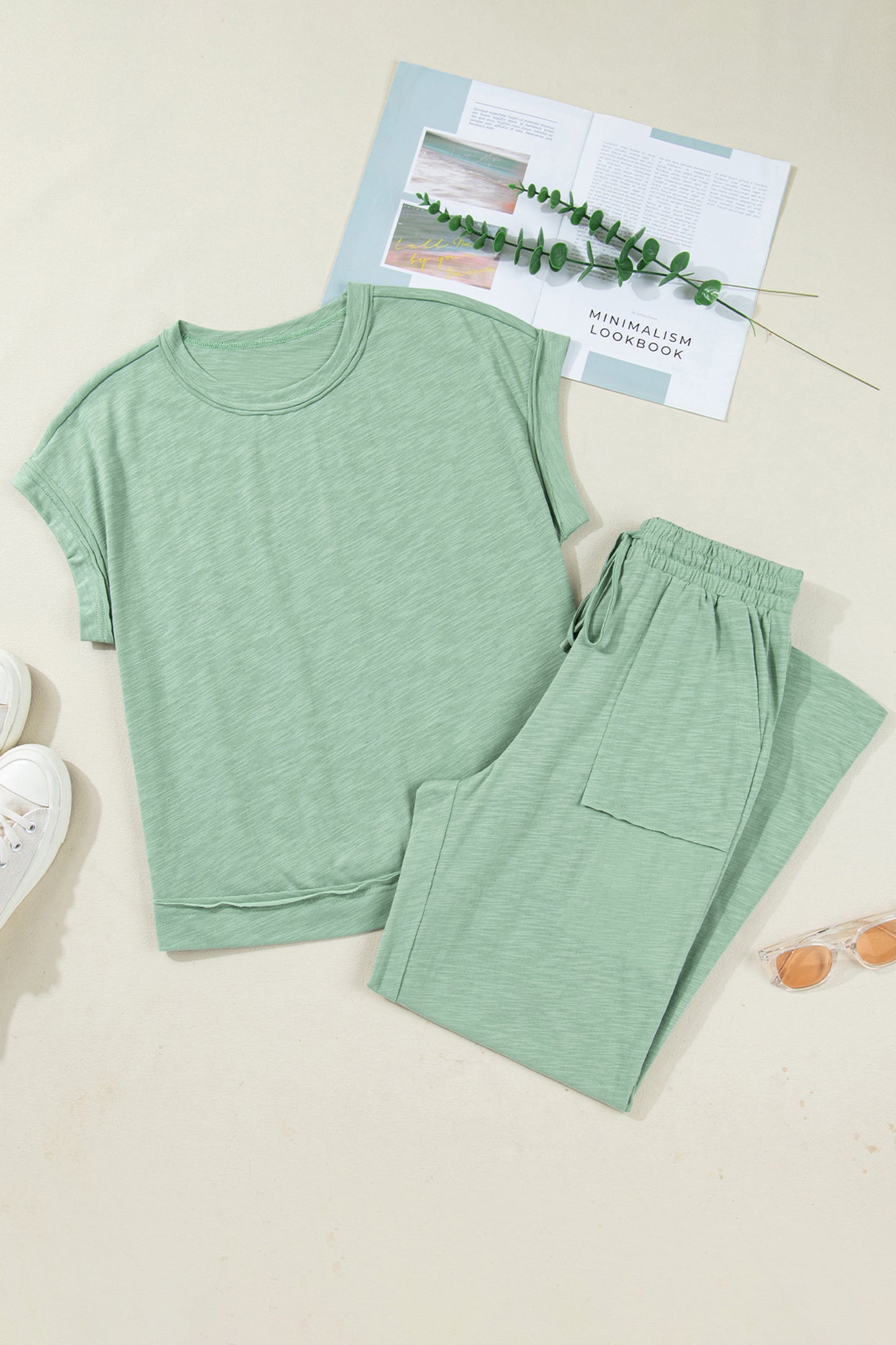 Cuffed Short Sleeve Tee Raw Seam Pocket Drawstring Pants Set