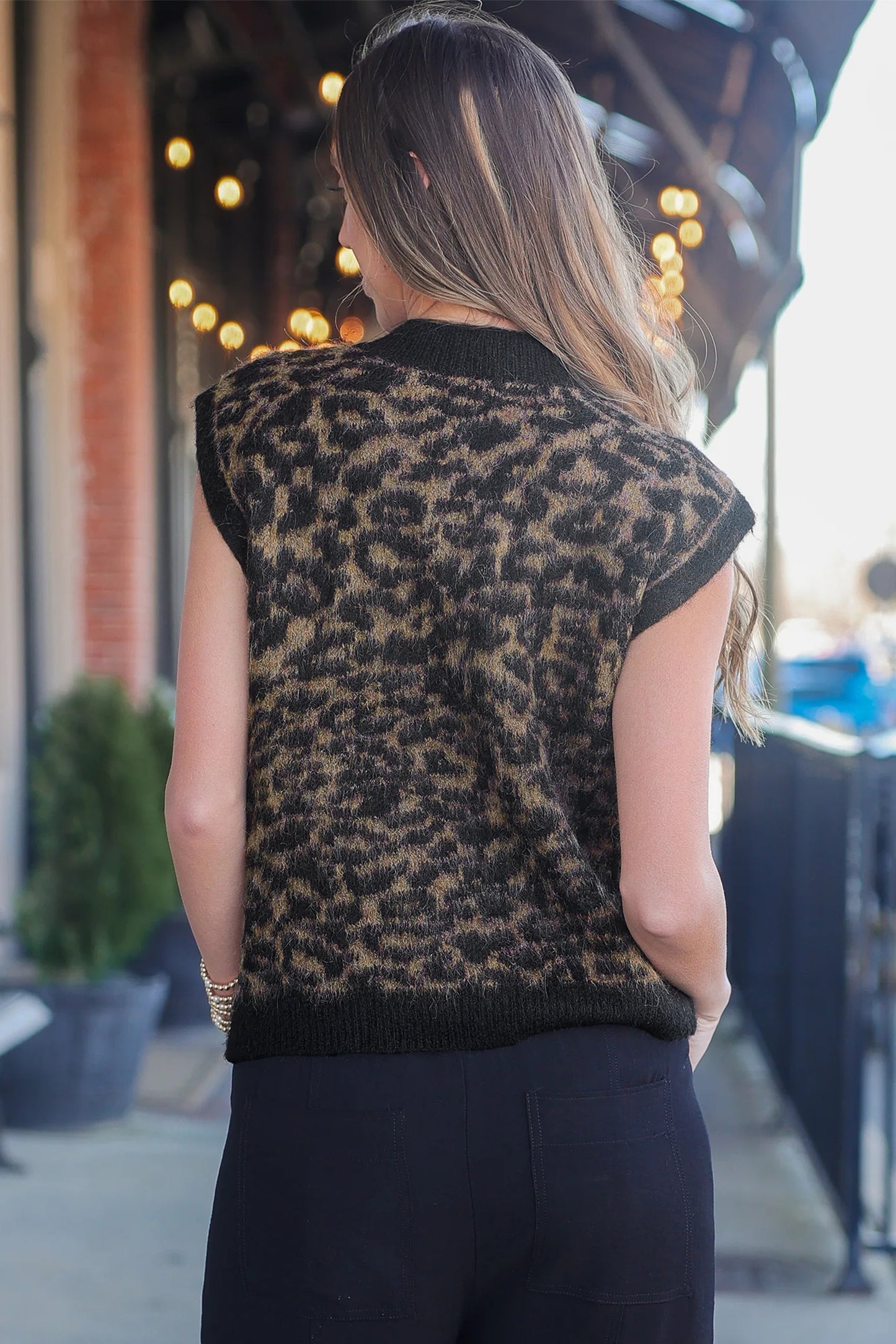 Western Leopard Print Knit Sweater Vest Button Cardigan